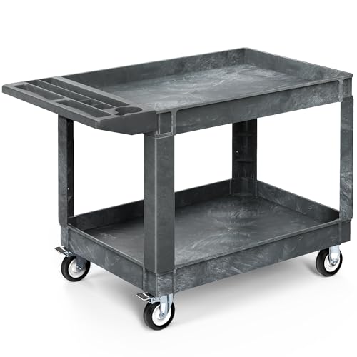 YITAHOME Utility Cart on Wheels, 550 lbs 2 Shelf Heavy Duty Rolling Carts, 45 x 25 in Plastic Service Cart Work Carts with Wheels for Warehouse Garage School & Office, Cleaning, Gray