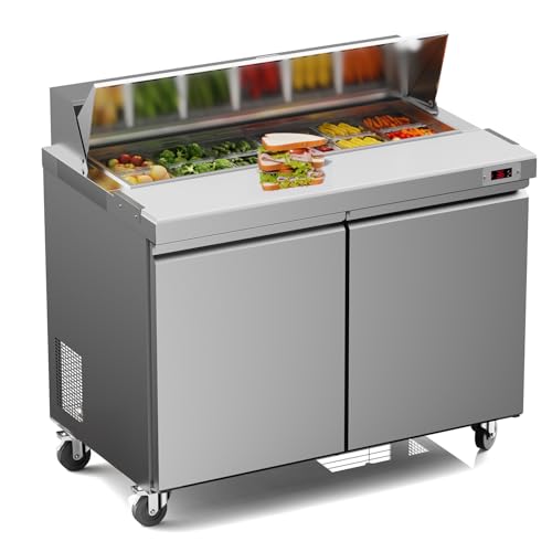 48’’ W Commercial Refrigerator Sandwich Salad Prep Table Refrigerators 2 Door with 12 Pans, Prep Station Fridge for Restaurant, Bars, Shops