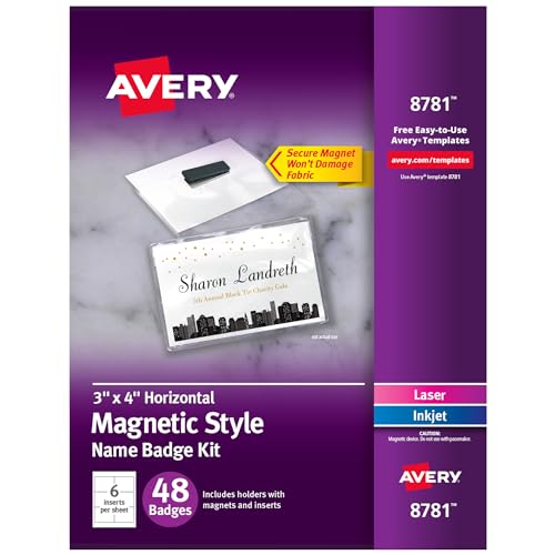 Avery Customizable Name Badges with Magnets, 3" x 4", Clear Name Tag Holders with White Printable Inserts, 48 Magnetic Name Badges (8781)