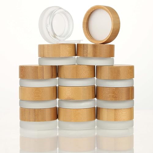 COSIDEA 18pcs Empty 1.7 OZ/50 ML Round Clear Glass Jars with Bamboo lids, Wooden Cream Jar Refillable Cosmetic Travel Containers for Lip Balm, Ointments, Lotion Packing (Frosted, 5g)