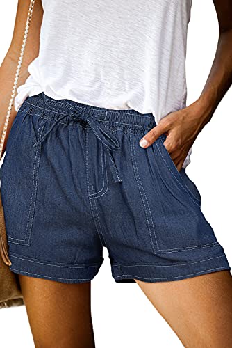 ONLYSHE Womens Ladies Frayed Raw Hem Tencel Drawstring Casual Elastic Waist Denim Jean Shorts for Girl with Pockets Dark Blue-L