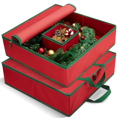 MaidMAX Christmas Wreath Storage Container 30 inch, Hard Shell Wreath Storage Bag with Inner Pocket, Sturdy Handles and Zippers, 600D Oxford Holiday Ornament Wreath Storage Box (RED, 2pcs)