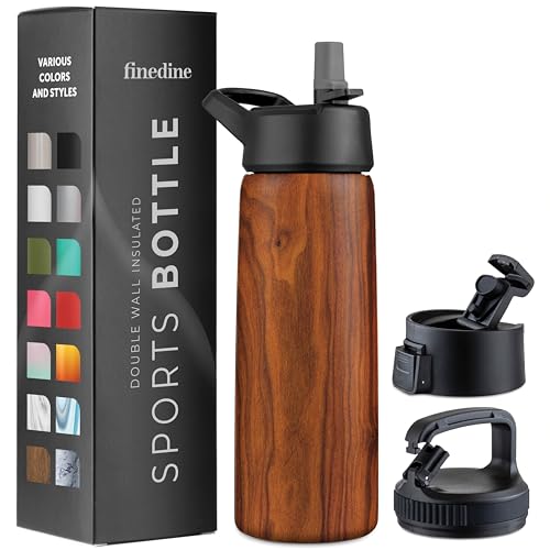 FineDine Triple Walled, Insulated Water Bottles with Straw - 25 Oz Stainless Steel Metal Bottle W/ 3 Leak Proof Lids - For Travel, School, Sports, Gym/Men, Women & Kids - Rustic Grained Sienna