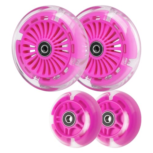 Wheelgoo 120mm 80mm Led Light Up Scooter Replacement Wheels - Colorful Flashing- Compatible with Micro Mini, Maxi Deluxe, Globber 3-Wheeled Kid Kick Scooter, Set of 4 (Pink)