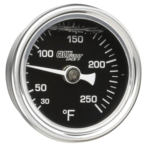 GlowShift Liquid Filled Mechanical 250 F Temperature Gauge - for Water Coolant or Oil Temp - 3/8-18 NPT Threaded Sensor - Black Dial - Waterproof - 1-1/2" (38mm) Diameter