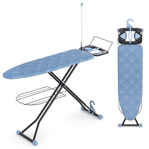 KINGBOARD Ironing Board, Compact Iron Board Full Size with Extra Thick Cover, 7 Adjustable Heights Iron Stand with Hanger and Iron Rest, Large Heavy Duty Ironing Board with Storage Tray, 13x43 Blue