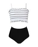 RXRXCOCO Womens Shirred Bandeau Bikini Cute Two Piece Swimsuit Off Shoulder High Waist Bathing Suit White Large