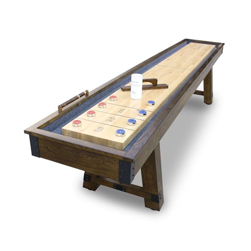 Hathaway Cheyenne 12 Ft Shuffleboard Table for Family Arcade Game Room - with Poly-Coated Playfield, Built-in Scorer & Cabinet, Climate Adjusters, Leg Levelers, 8 Pucks, Brush & Wax – Rustic Oak