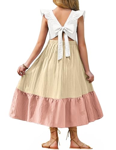 Arshiner Tween Girls Beige Summer Dresses Spring Boho Tie Back Flutter Sleeve Maxi Dress for 9-10Y