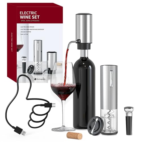 CIRCLE JOY Electric Wine Opener Set 4-in-1 Wine Set with Rechargeable Wine Opener, Rechargeable Wine Aerator Pourer, Foil Cutter and Vacuum Wine Stopper, Gift Set for Wine Lovers, Silver