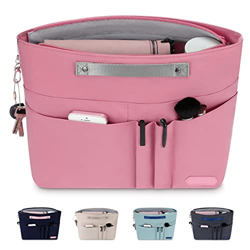 HyFanStr purse organizer insert for handbags,Tote Bag Organizer Insert Zipper for Women, Handbag Organizer Inside Liner with 15 Pockets, Pink