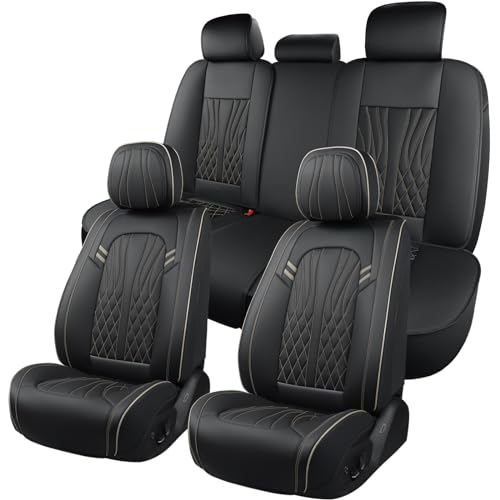 MINGBRON Leather Car Seat Covers 5 Pieces, Full Set Universal Seat Covers for Cars, Waterproof Nappa Leather Auto Seat Protectors, Black Car Seat Cover Most Sedans SUV Pick-up Truck Black&BeigeLine