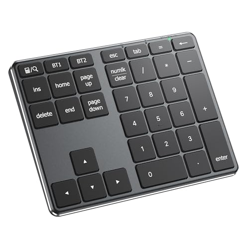 iClever Number Pad, Aluminum Wireless Number Pad for Multi Devices, USB-C Rechargeable, External 34-Keys Bluetooth Keyboard for Data Entry, Compatible for Laptop, Mac, iMac, Tablet, PC Desktop