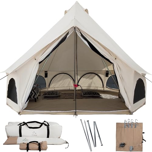 WHITEDUCK Avalon Canvas Bell Tent - Luxury All Season Tent for Camping & Glamping Made from Premium & Breathable 100% Cotton Canvas w/Stove Jack, Mesh (13' (4M), Water Repellent)