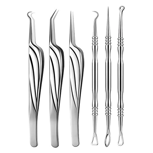 FVION Blackhead and Acne Extractor Kit, Professional Pimple Popper Tool Kit, Acne Tweezers and Blackhead Remover Tools for Face, 6 PCS Surgical Extractor Pimple Popping Tools