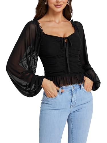 LYANER Women's Sweetheart Neck Self Tie Knot Shirred Back Mesh Lantern Long Sleeve Blouse Shirt Top Black Large
