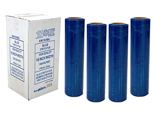 Absolute USA SW184BL 4 Original Rolls Blue Hand Stretch Plastic Film Pallet Shrink Wrap 18" Wide, 1500 SQ FT (1200 Linear feet), 80 Gauge