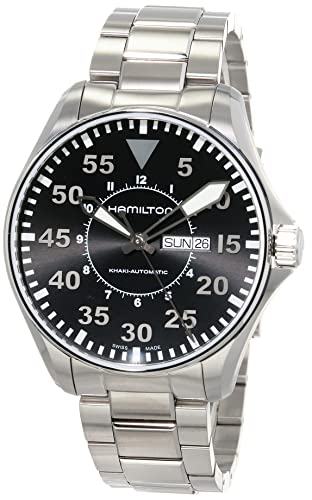 Hamilton Watch Khaki Aviation Pilot Day Date Swiss Automatic Watch 46mm Case, Black Dial, Silver Stainless Steel Bracelet (Model: H64715135)