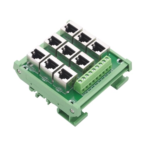 Jienk RJ45 8P8C 9-Way DIN Rail Mount Ethernet Connector Distribution Breakout Buss Board, RJ45 Vertical Jack Terminal Module