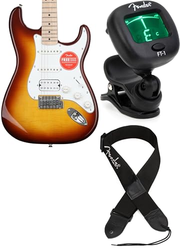 Fender Squier Affinity Series Stratocaster FMT HSS Electric Guitar – Sienna Sunburst Finish, Maple Fingerboard, Includes Tuner, Strap, Humbucker Pickup, Beginner-Friendly