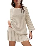 LAMISSCHE Womens Lounge Set Oversized 2 Piece Sweater Skirt Sets Long Sleeve Knit Top Pleated Skirts(Beige,S)