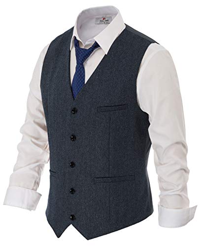 PJ PAUL JONES Mens Vest Retro Tweed Groom Vest V Neck Wool Blend Waistcoat for Autumn