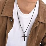 Wooden Cross Necklace for Men-Hawaiian Real Handmade Ebony Wood Cross Pendant Necklace Stainless Steel Chain, Mens Brown Cross Necklaces Koa Wood Jewelry Christian Baptism Crucifix Pendant for Men