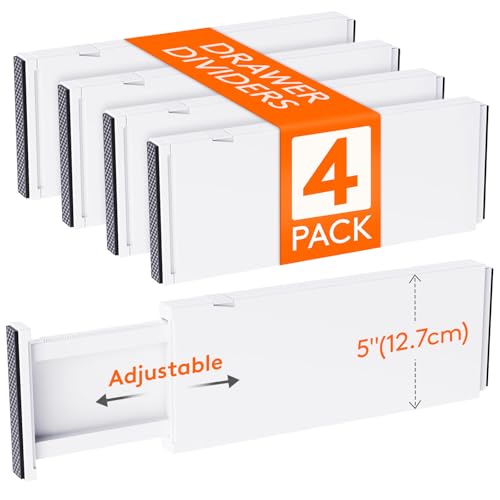 Lifewit 4 Pack Drawer Dividers Plastic 5" High, 13.5-22" Adjustable Drawer Organizers for Clothes, Expandable Dresser Separators in Bedroom/Bathroom/Kitchen/Fridge/Office Organization and Storage
