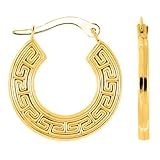 14K Yellow Gold Round Greek Key Hoop Earrings, Diameter 15mm