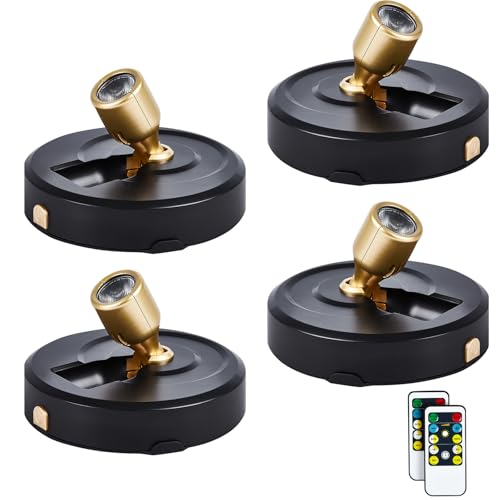 HOFUY 4-Pack Battery Powered LED Spotlight, Wireless Picture Lights, Uplighting Indoor, Puck Lights with Remote, Stick Spot Lights for Wall Art Display Dartboard Painting Artwork Closet Accent
