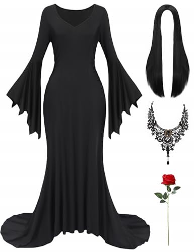 RAAIBB Halloween Costume Women Adult Long Black Dress with Gothic Necklace Long Wig Rose Flower Retro Black Gothic Dress for Costume RA064-3XL
