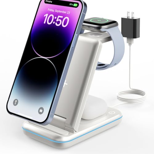 Wireless Charging Station - GEEKERA 3 in 1 Foldable Wireless Charger Stand for iPhone 15/14 13 12 11 Pro Max/X/8, Charging Station for Apple Watch Ultra/2/9/SE/8/7/6/5/4, AirPods 2/3/Pro…