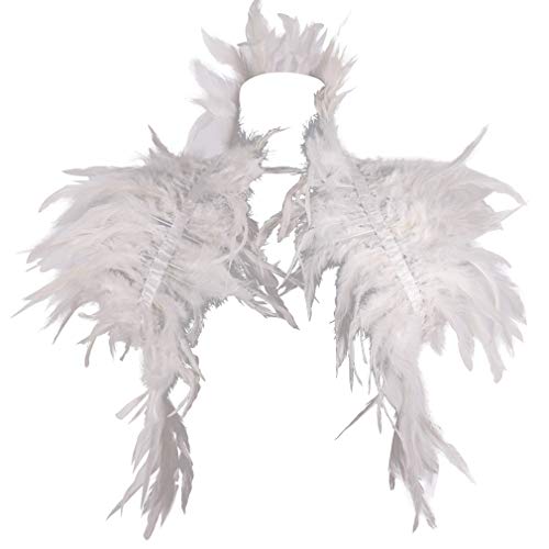 BBOHSS Women's Feathers Body Harness Shawl Punk Victorian Real Natural Feather Shrug Shawl Carnival Gothic Dance Costume (white)