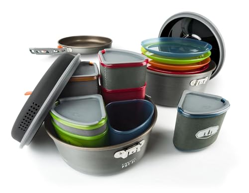 GSI Outdoors Pinnacle Ceramic Camper Cookware Set, 4-Person Camping Cookware with Non-Stick Pots, Frypan, Bowls, Plates & Nesting Design