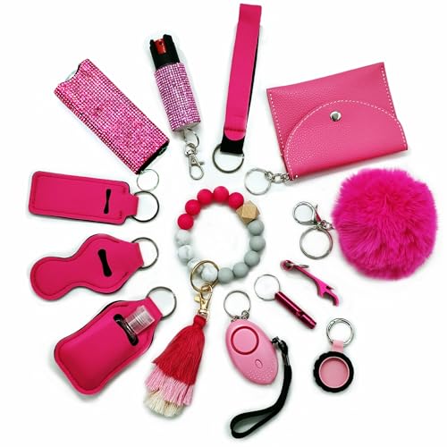 BATUMEYE Gift Keychain Set for Woman with Card Holder, Wristlet Strap, Whistle, Travel Bottle Holder, Bottle Opener(Pink)