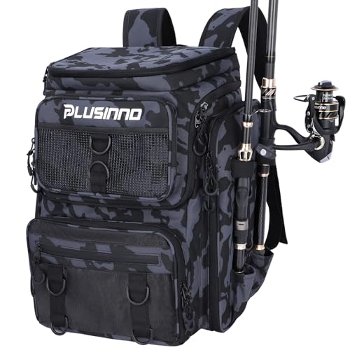 PLUSINNO Fishing Backpack with Rod Holders, 42L Large Water-Resistant Fishing Tackle Bag Store Fishing Gear for Fishing, Camping, Hiking, Fishing Gifts for Men Father, Black Camo