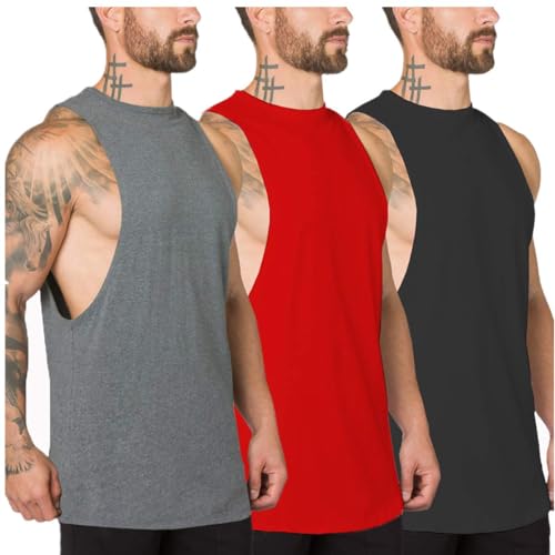 Muscle Killer 3 Pack Men's Muscle Cut Off Gym Workout Stringer Tank Tops Bodybuilding Fitness T-Shirts (Alpha, l, Regular, Black+Red+Gray)