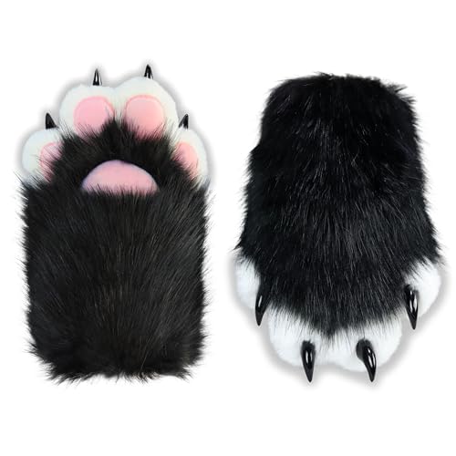 NexinEstic Black&White Therian Paws Comfy Furry Paws Faux Fur Fursuit Paws, Cute Cat Paw Gloves Therian Gloves with Claws, Furry Costume Cosplay Cat Wolf Fox Costume