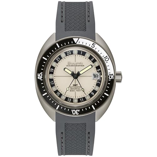 Bulova Men's Oceanographer Snorkel GMT Automatic Grey Ion Plated Stainless Steel Case Watch, Black and White Unidirectional Rotating Bezel, Gray Silicone Strap, White Dial Style:98B407