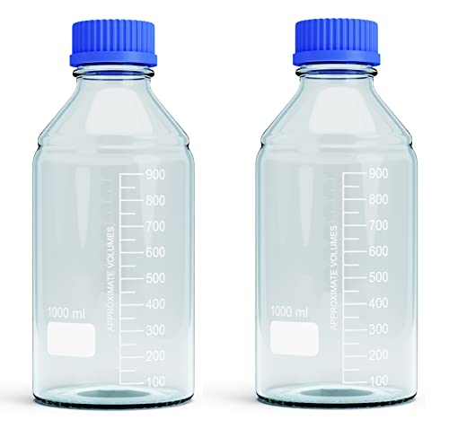 1000ml Storage Glass Bottles – 2pcs Round Media Storage Bottle – Borosilicate Glass Bottles – Safe Probe Storage Glass Storage Bottles with GL45 Blue Screw Cap (1000ml - 2pcs)