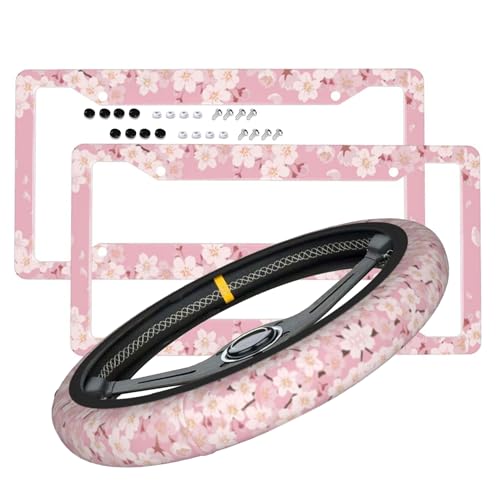 Pink Cherry Blossom License Plate Frame & Flower Steering Wheel Cover Fashion Aluminum License Plate Frames Anti-Slip Breathable Steering Wheels Protector with Screws Fasteners Caps for Men Women