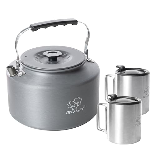 Bulin Camping Kettle, 2.2L Large Portable Stovetop Tea Kettle Fast Heating Boiling Hot Water for Open Fire Lightweight Coffee Pot with 2 Camping Cups & Lids for Outdoor Hiking Picnic Travel
