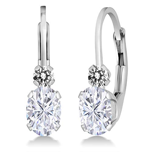 Gem Stone King 14K White Gold Moissanite and White Diamond Leverback Earrings For Women | 1.07 Cttw | Gemstone | Oval 6X4MM, Round 2MM | 3/4 Inch