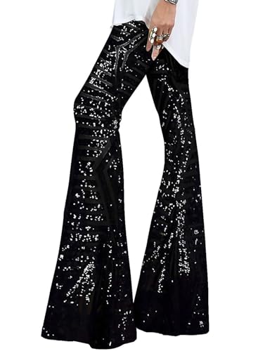 EVALESS Sequin Flare Pants for Women Sparkle Shiny High Waisted Wide Leg Trousers Bell Bottom Black L 12 14