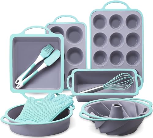 COOKSTYLE 10 in 1 Nonstick Silicone Bakeware Sets, Baking Pans Set, Baking Pan, Bundt Cake Pan, Bread Loaf Pan with Steel ring, Muffin Cups with Silicone Spatulas Pastry Brush Oven Mitts Whisk (Blue)