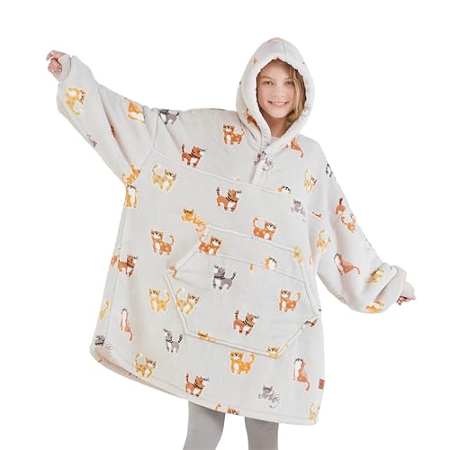 Degrees of Comfort Wearable Blanket Hoodie, Oversized Sherpa Hooded Blankets Sweatshirt for Women and Men - 38x32 inch Adult Size, Cats Printed