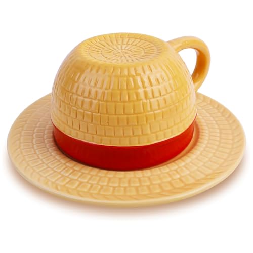 The Pxv Luffy's Hat Coffee Mug Set – Creative Ceramic Anime Cup with Straw Hat Design and Saucer – Perfect for Tea, Coffee, Milk – Great Gift for Anime Lovers, Christmas, Birthdays, or Anniversaries