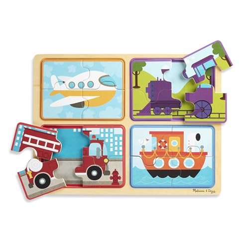 Melissa & Doug Natural Play Wooden Puzzle: Ready, Set, Go (Four 4-Piece Vehicle Puzzles)