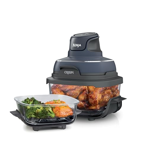 Ninja Crispi Air Fryer, Microwave, Freezer & Dishwasher Safe, Non Toxic Glass Portable Cooking System, 4 QT & 6 Cup Glass Containers with Storage Lids, Easy Meals, Air Fry, Bake, & More Grey, FN101CGY