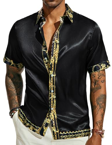 PJ PAUL JONES Mens Satin Silk Button Up Shirts Casual Lightweight Short Sleeve Button Down Untucked Resort Travel Shirt Black XL